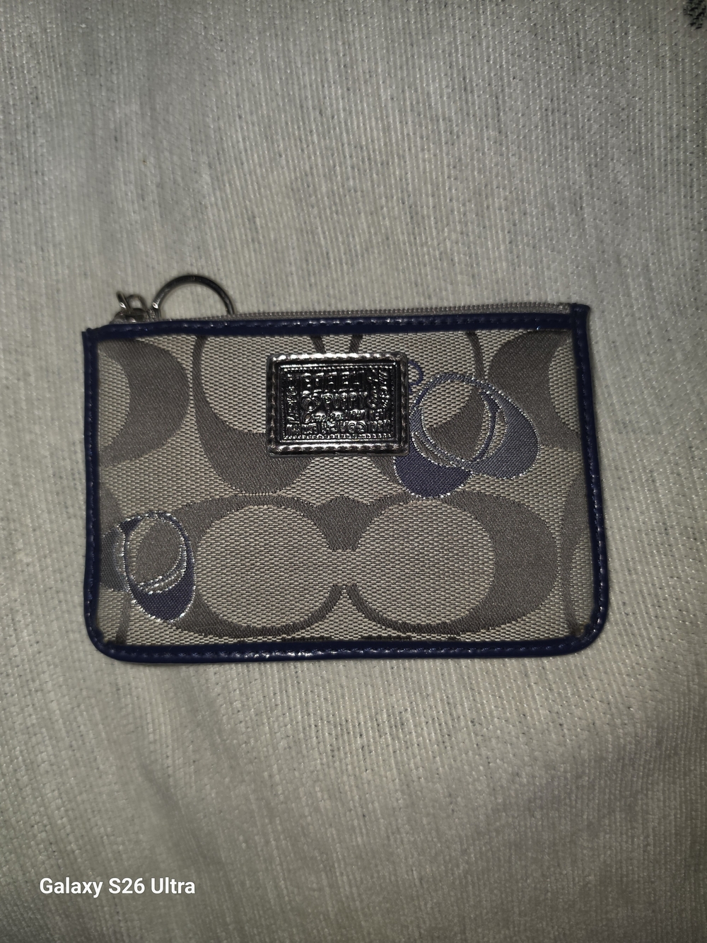 Coach Signature Zip Card Case in Gray with Navy Trim